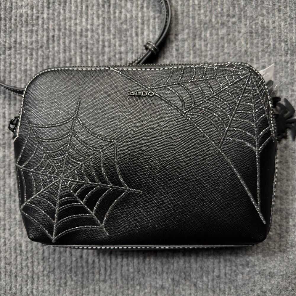 Aldo Black Silver Spider Web Purse Crossbody Bag Spider Charm Halloween Goth NEW - Picture 2 of 12